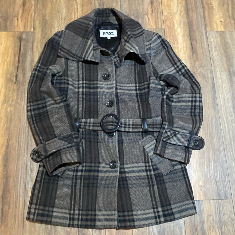 Lovely, brown plaid, pea coat jacket